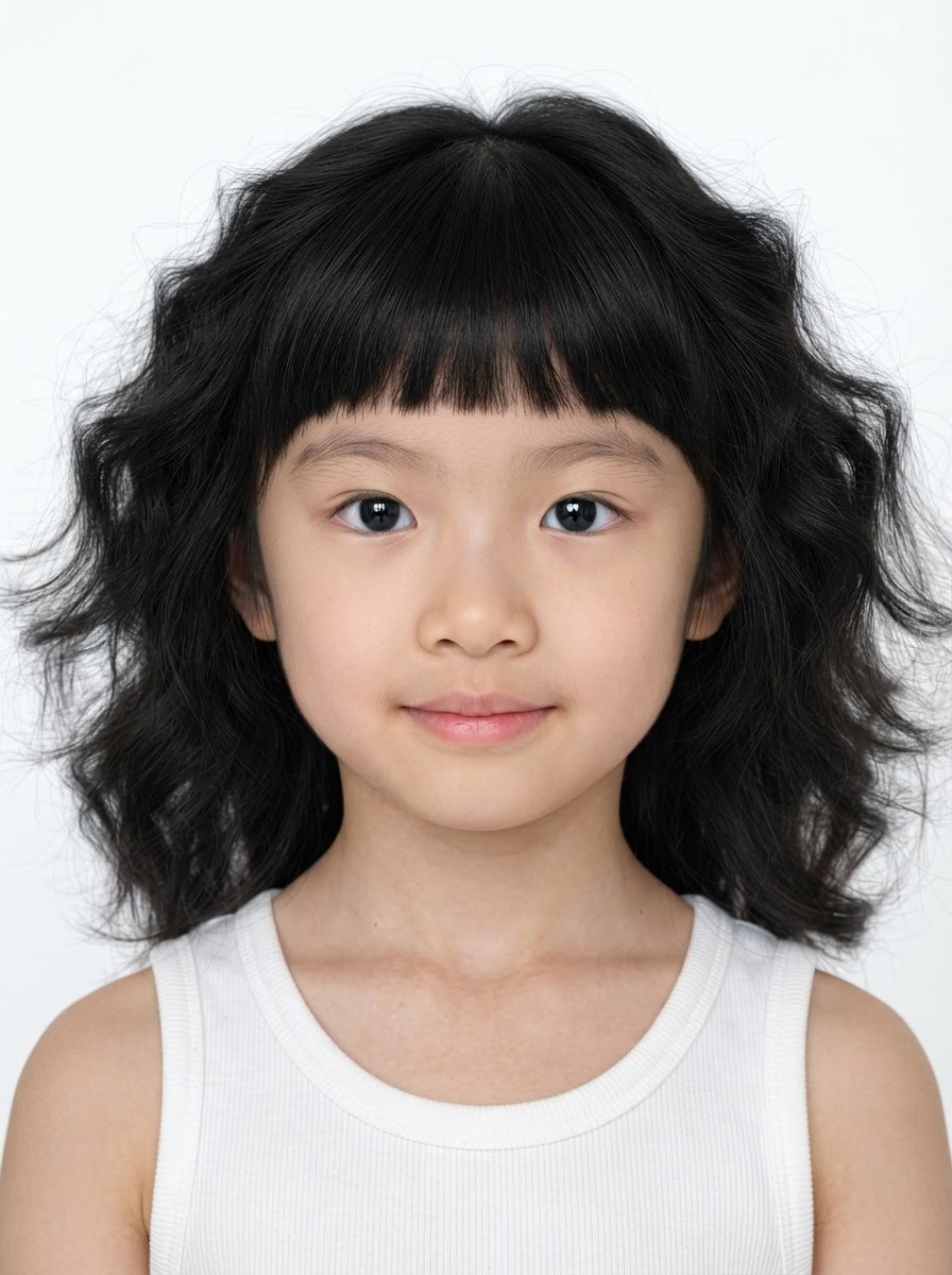Young girl fashion model with shoulder-length wavy black hair and bangs, close-up.