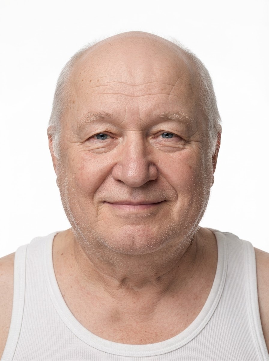 Old male fashion model with a bald head and friendly smile, close-up.