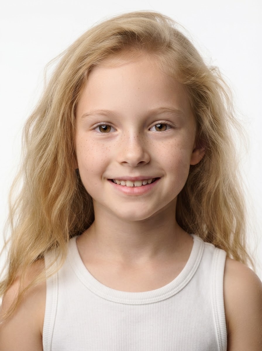 Young girl fashion model with long wavy blonde hair, close-up.