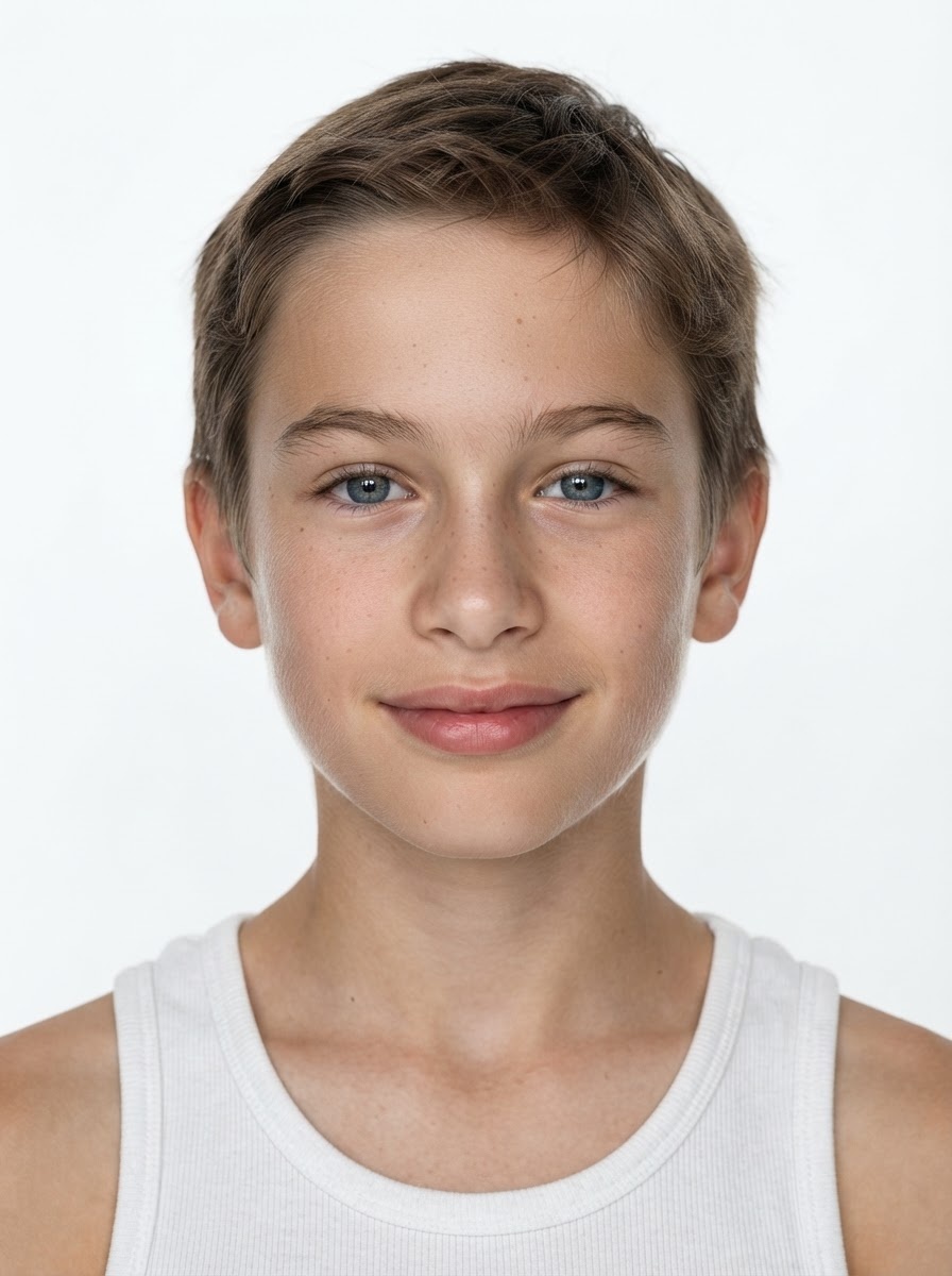 Young boy fashion model with short brown hair, close-up.