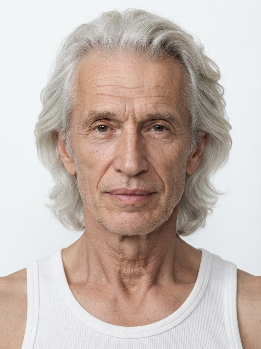 Old male fashion model with shoulder-length wavy silver hair, close-up.