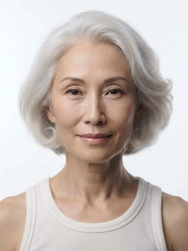 Old female fashion model with short wavy silver-white hair, close-up.