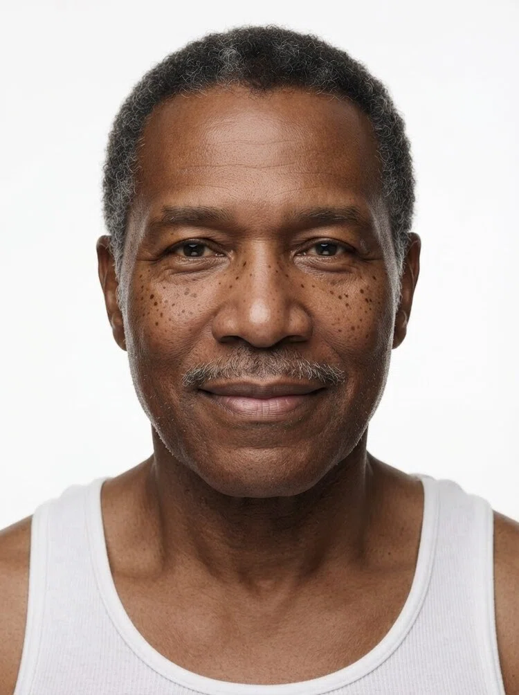 Old male fashion model with short grey buzz cut, close-up.