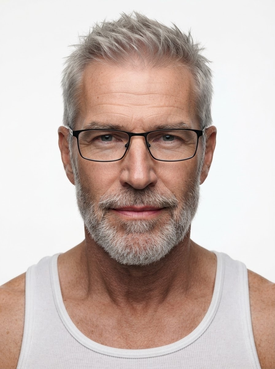 Middle-aged male fashion model with spiky grey hair, glasses, and beard, close-up.