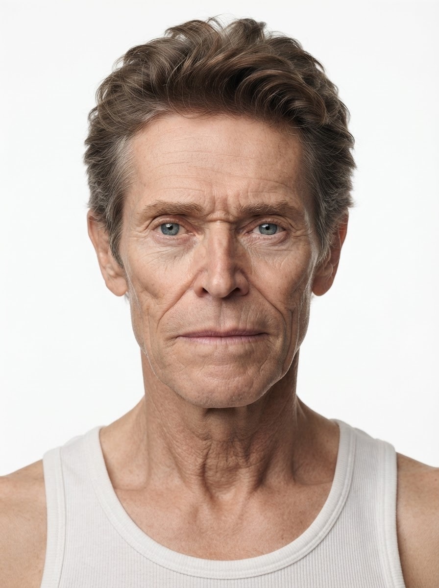 Old male fashion model with short wavy salt-and-pepper hair, close-up.