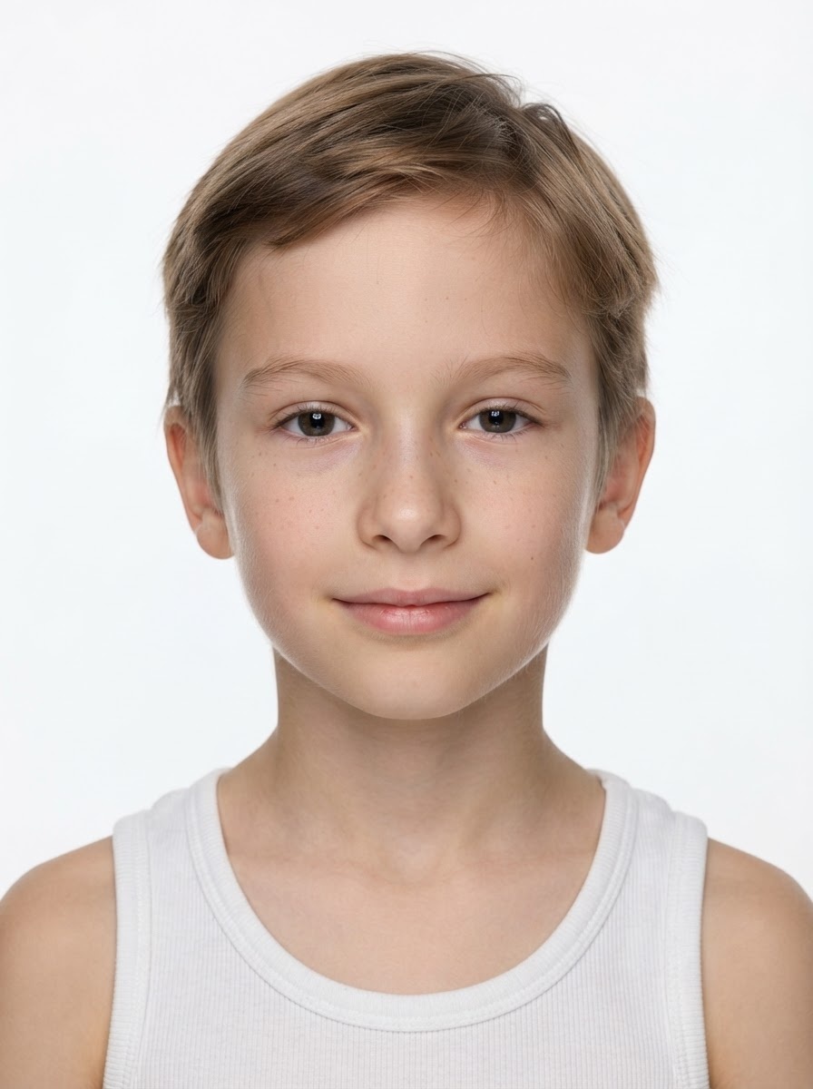 Young boy fashion model with short light brown hair, close-up.