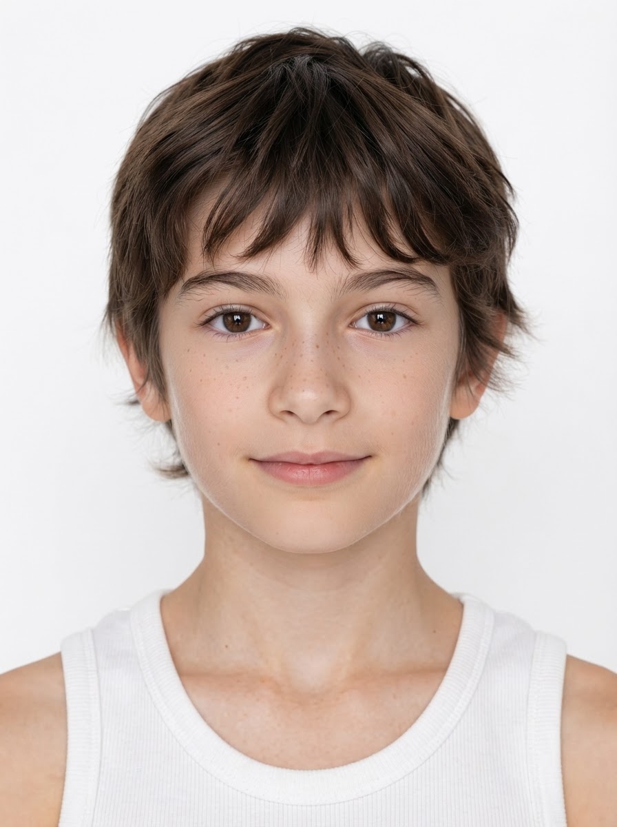 Young boy fashion model with short tousled dark brown hair, close-up.