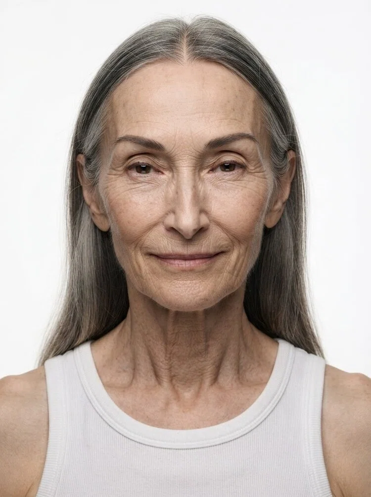 Old female fashion model with long straight grey hair, close-up.
