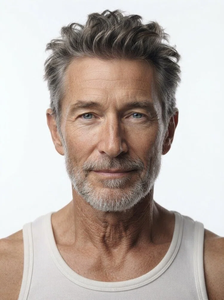 Old male fashion model with short salt-and-pepper hair, close-up.