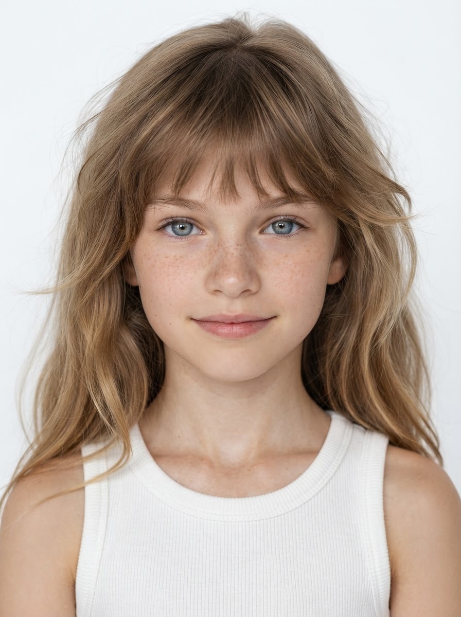 Young girl fashion model with long wavy light brown hair and bangs, close-up.