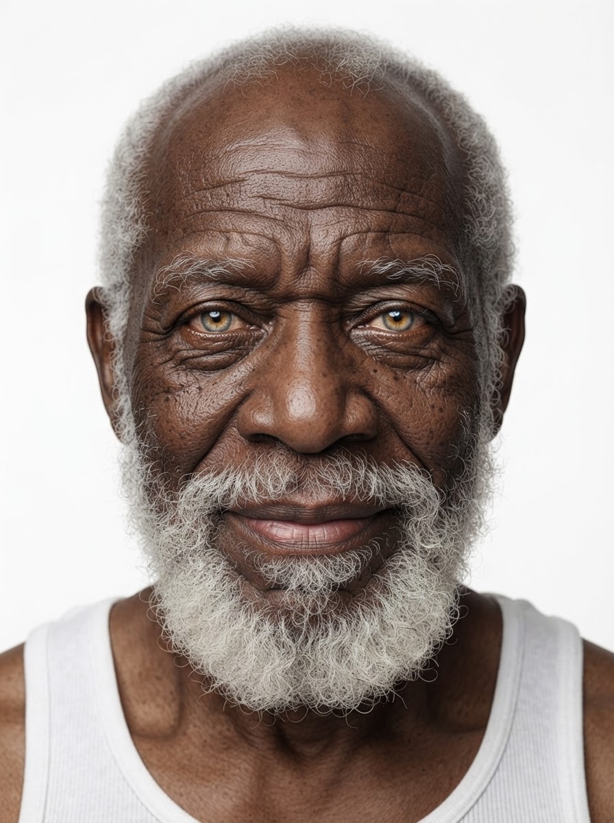 Old male fashion model with short white hair and full beard, close-up.