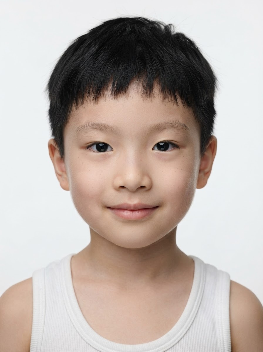Young boy fashion model with short straight black hair, close-up.