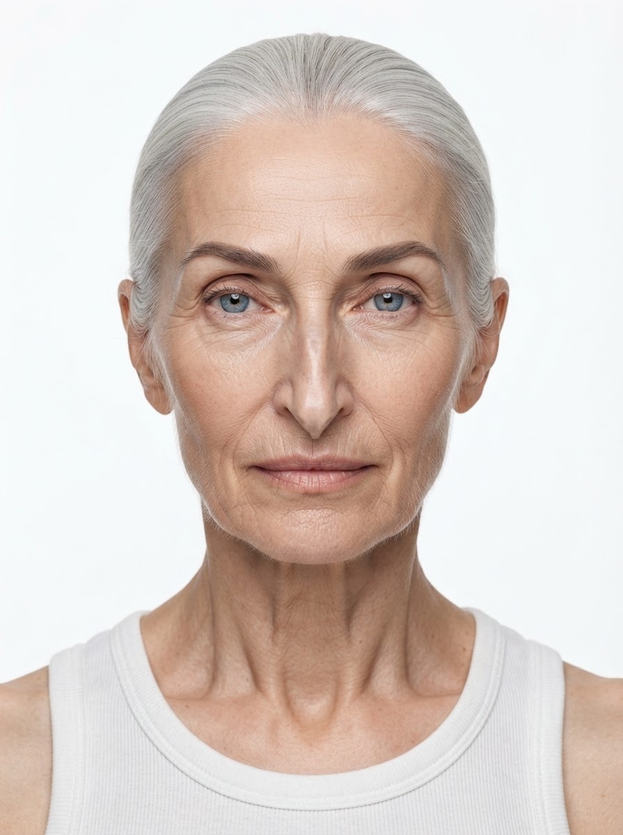 Old female fashion model with slicked-back silver hair, close-up.