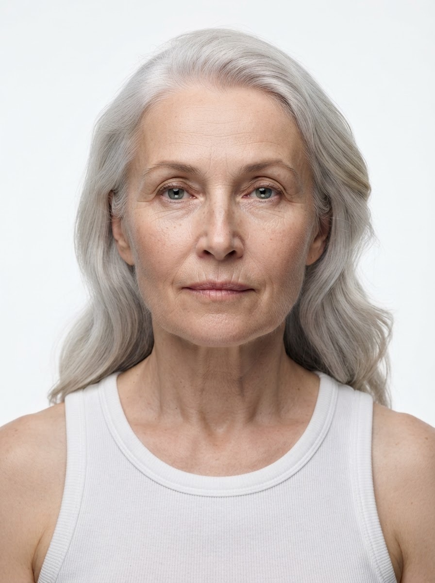 Old female fashion model with long wavy silver hair, close-up.
