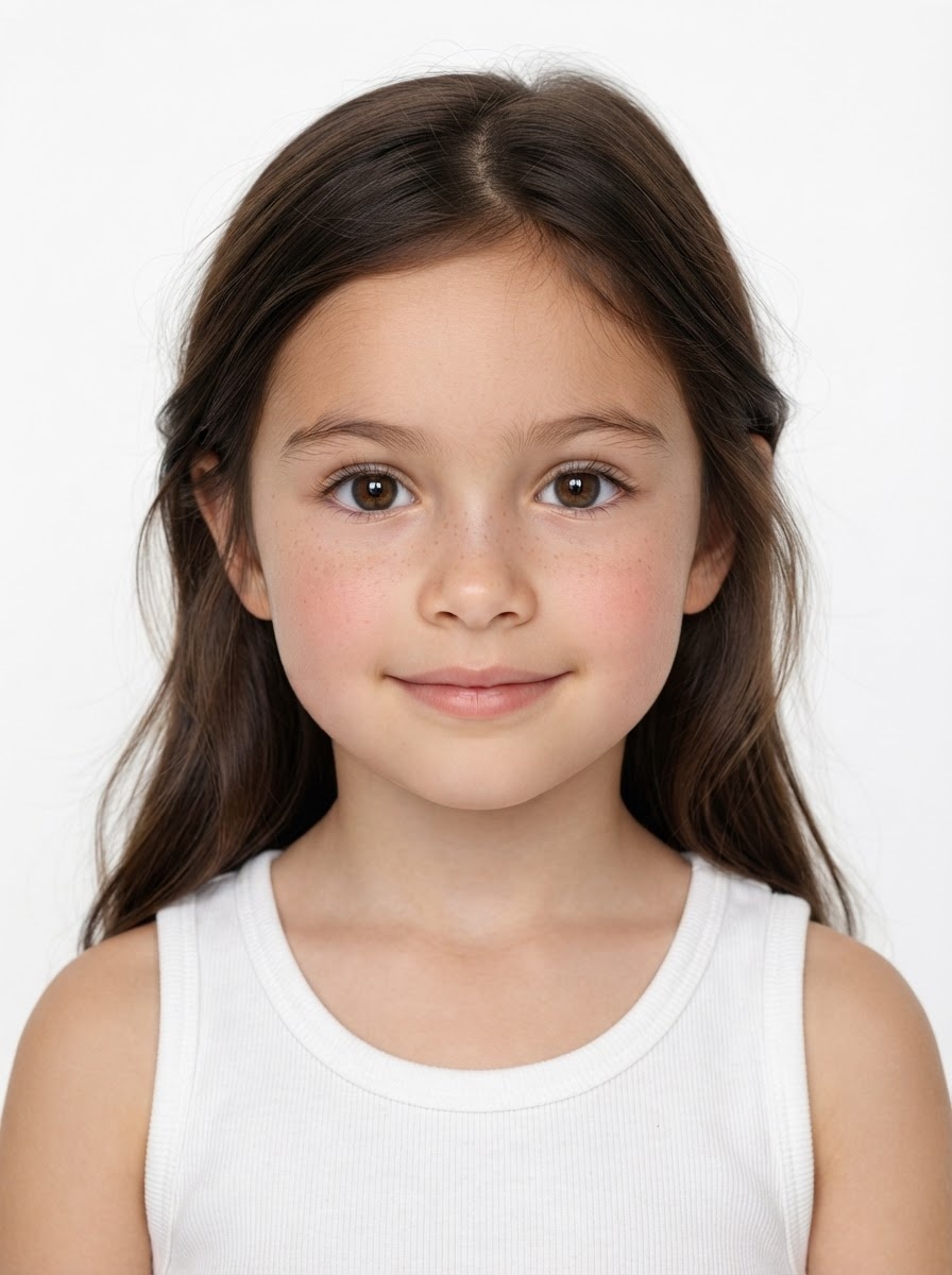 Young girl fashion model with long straight dark brown hair, close-up